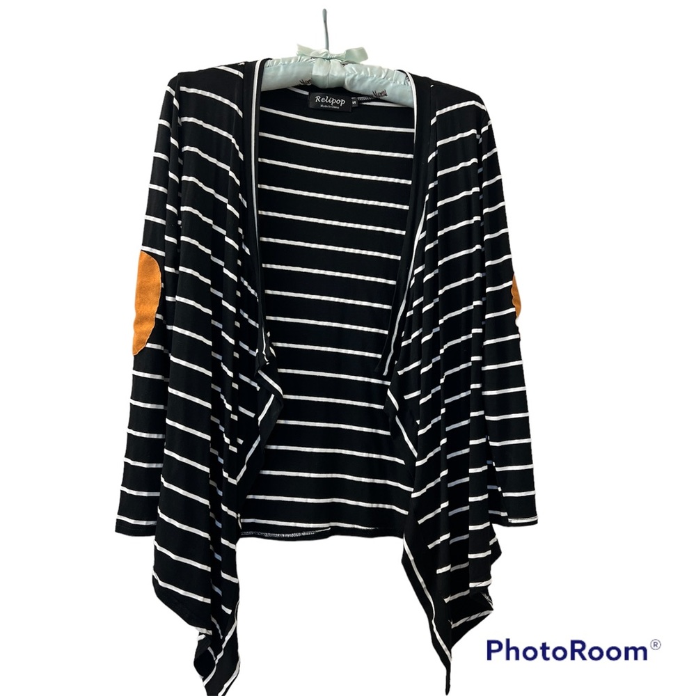 5$20 Striped Open Knit Cardigan with Suede Elbow Patches